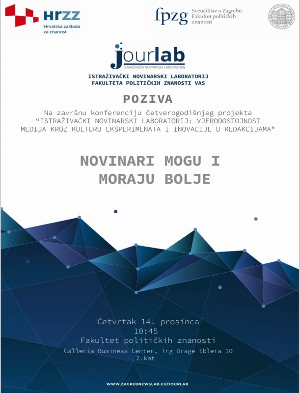 Poziv na završnu konferenciju projekta Istraživački novinarski laboratorij (JOURLAB) Hrvatske zaklade za znanost